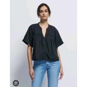 Nation LTD 2024 Filippa Blouse Black Pima Cotton Poplin Rolled Cuffs Size Small
